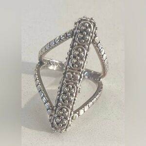 Sterling Silver Filigree Long Marquise Ring - Silver